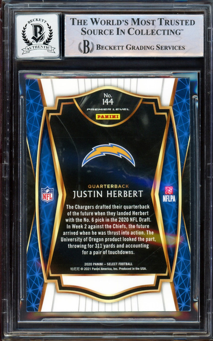 Justin Herbert Auto 2020 Panini Select Premier Level RC 144 Sig 10 Beckett