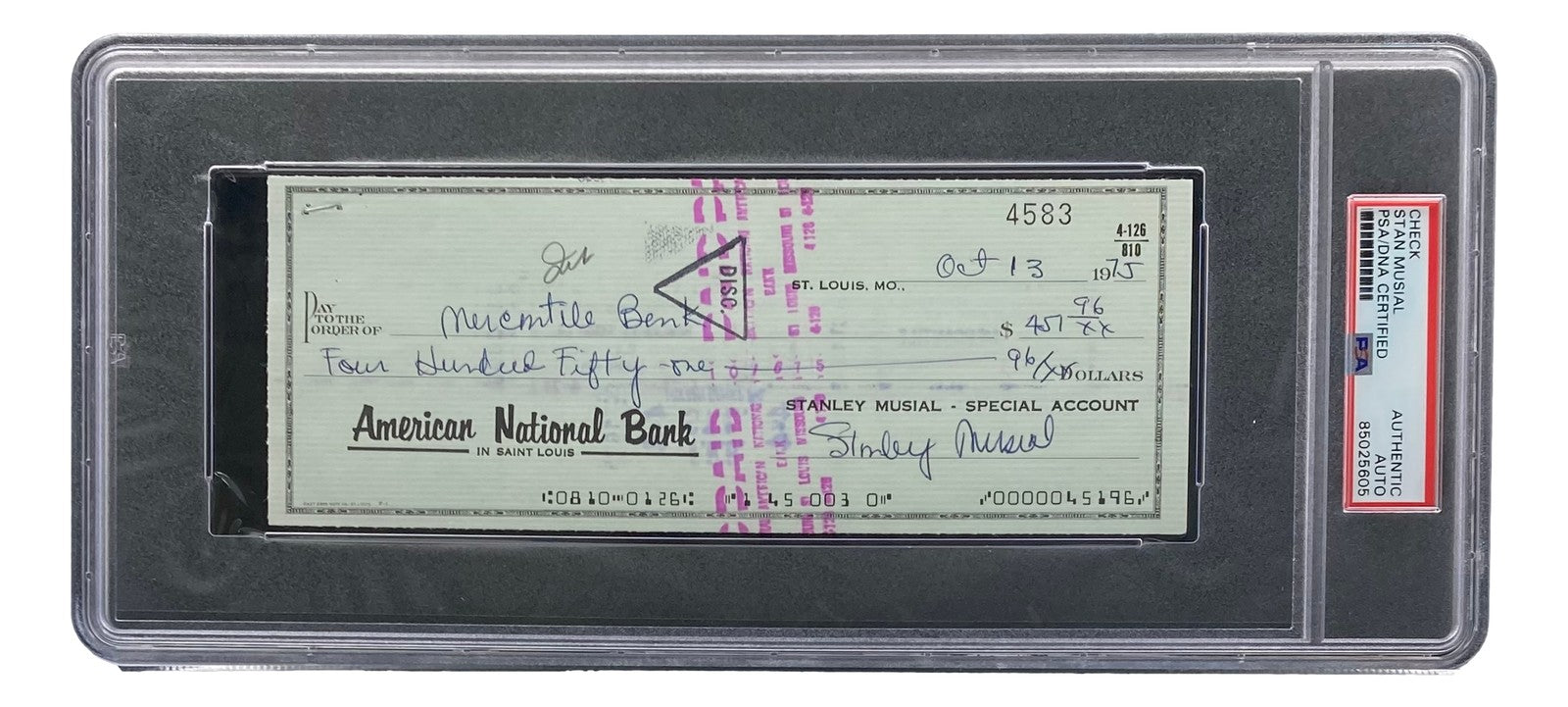 Stan Musial St. Louis Cardinals Signed Bank Check PSA/DNA 85025605 ...