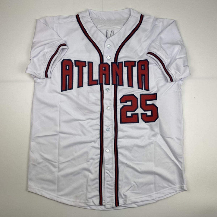Autographed/Signed ANDRUW JONES Atlanta White Baseball Jersey JSA COA Auto