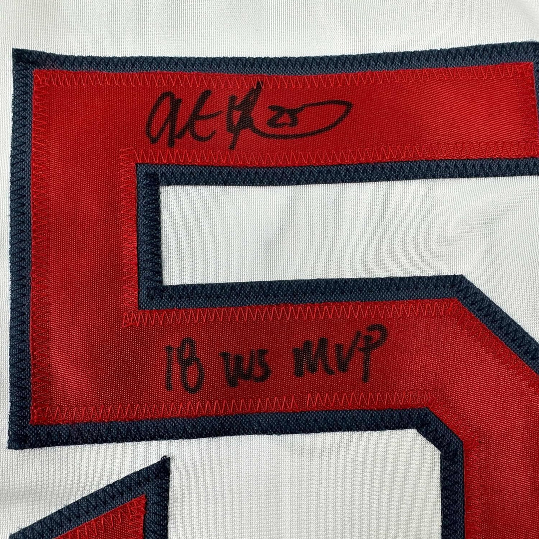 Framed Autographed/Signed Steve Pearce 33x42 18 WS MVP White Jersey PSA/DNA COA