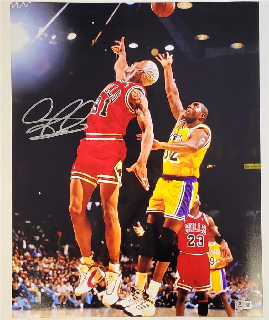 Dennis Rodman signed 16x20 photo autograph w/ Magic Johnson~ Beckett BAS Witness