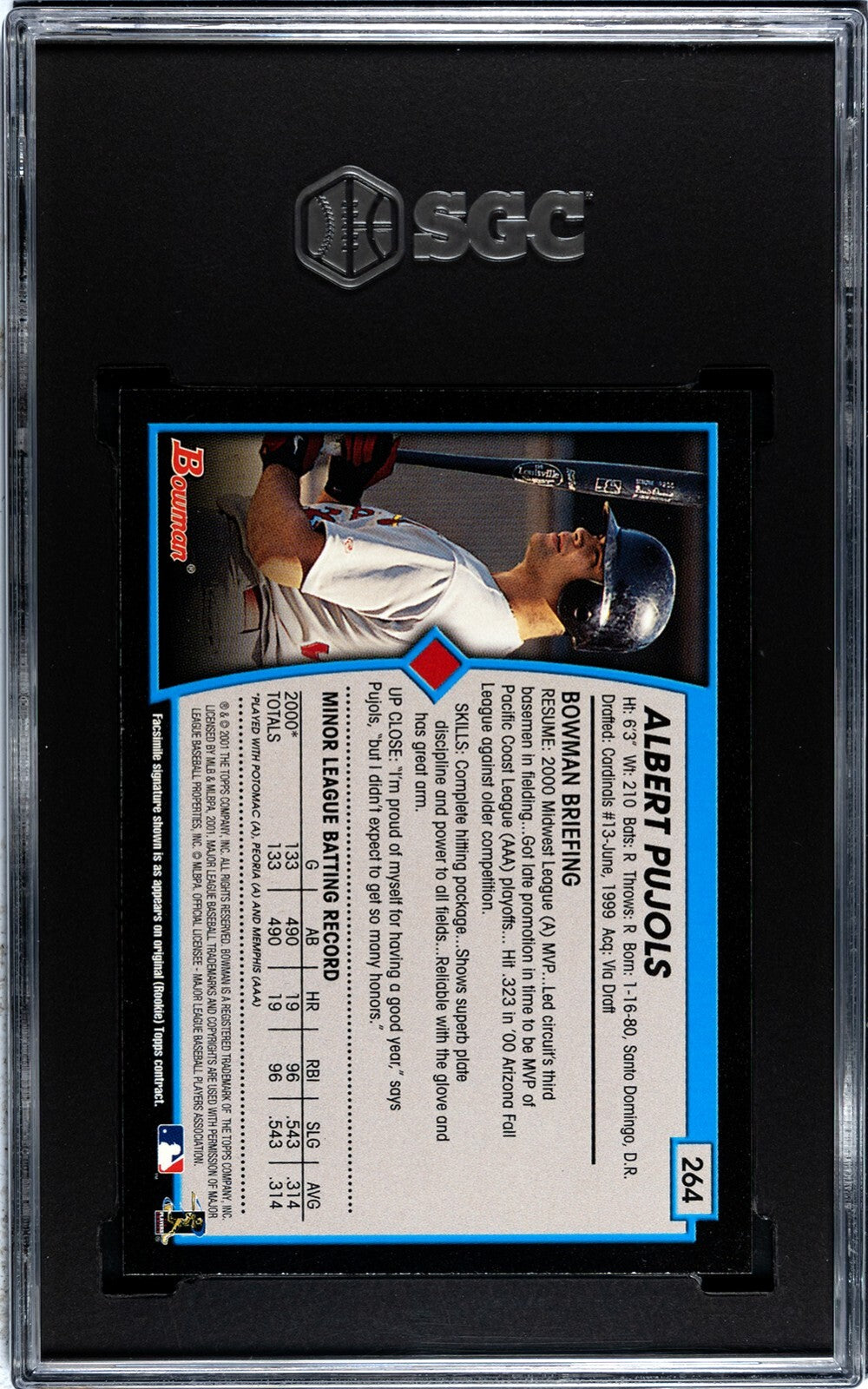 Albert Pujols 2001 Bowman Rookie  Card RC #264 SGC Graded 8.5 NM-MT+ -Cardinals