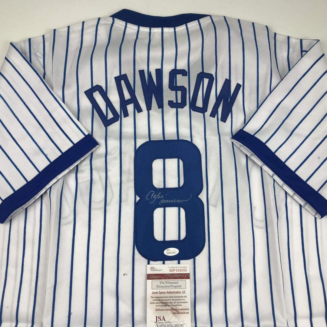 Autographed/Signed Andre Dawson Chicago White Pinstripe Jersey JSA COA