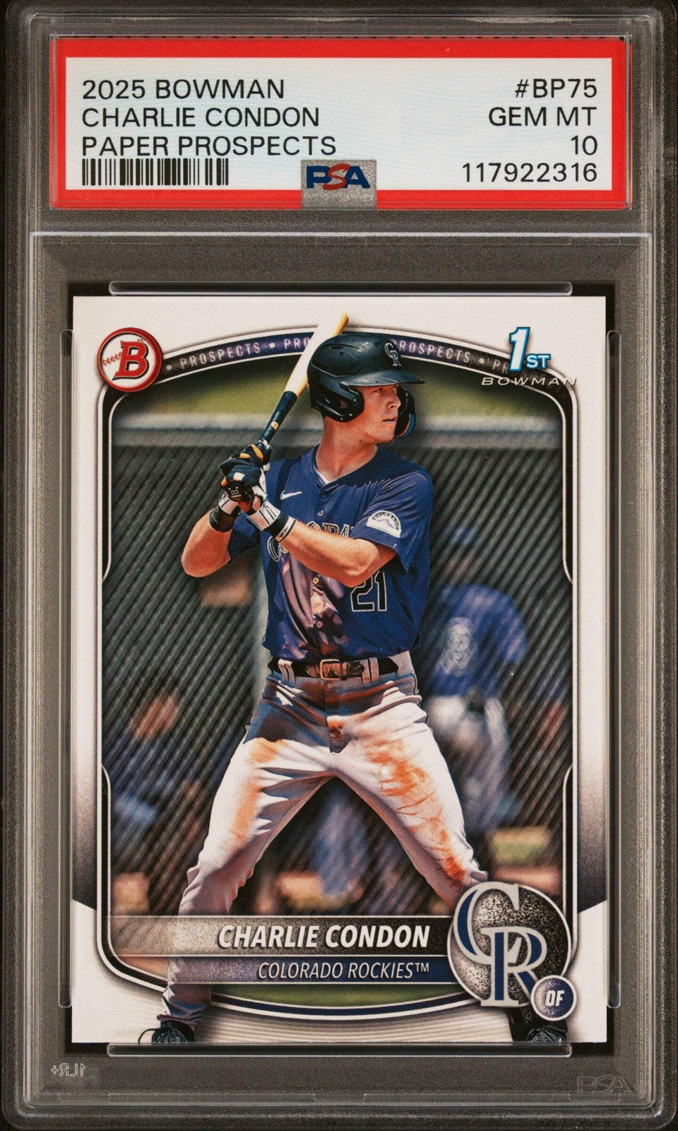 Graded 2025 Topps Bowman Charlie Condon #BP75 Paper Rookie Baseball Card PSA 10