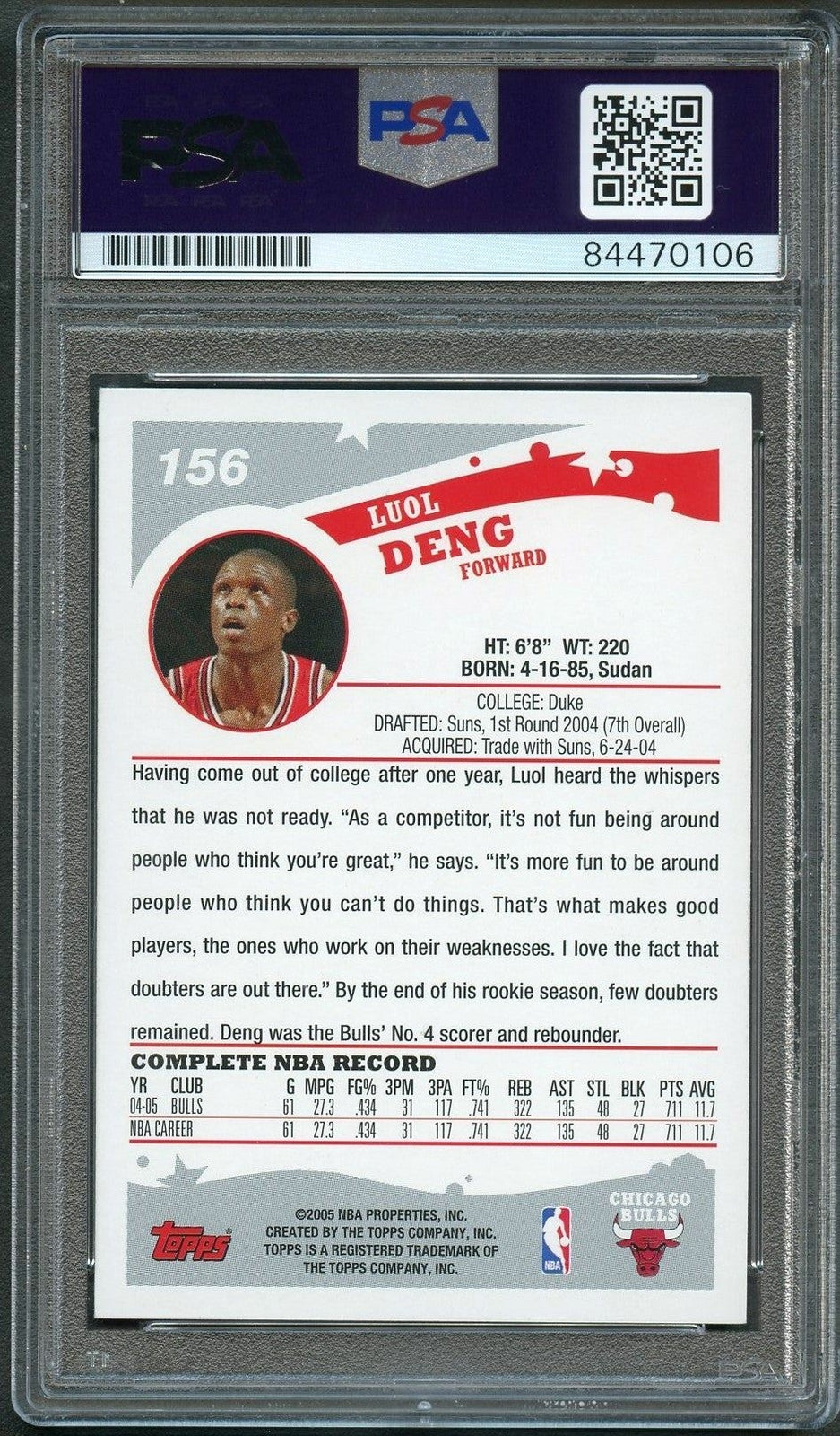 2005-06 Topps #156 Luol Deng Signed Card AUTO PSA Slabbed Bulls
