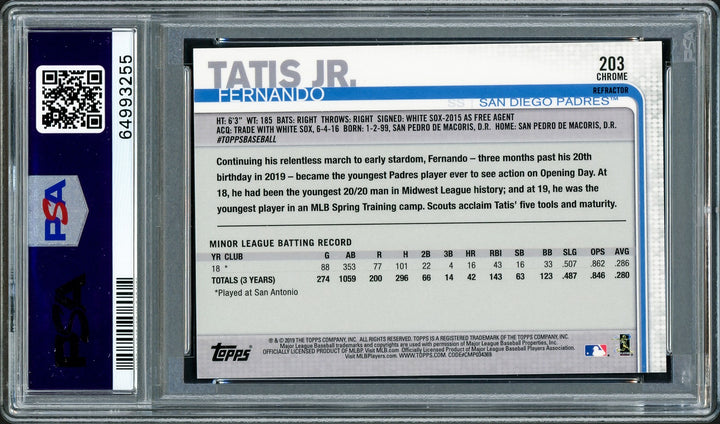 Fernando Tatis Jr. Signed 2019 Topps Chrome Sepia Refractor RC 203 PSA 9 PSA/DNA