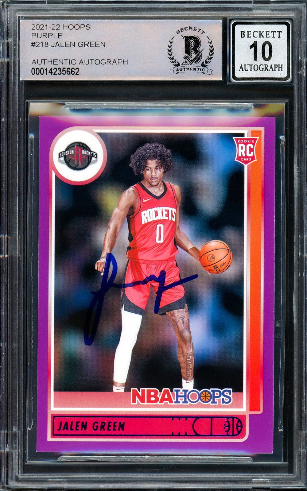 Jalen Green Signed 2021-22 NBA Hoops Purple RC 218 Rockets Auto GM 10 Beckett