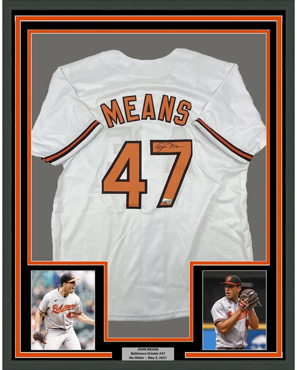 FRAMED Autographed/Signed JOHN MEANS 33x42 Baltimore White Jersey Beckett COA