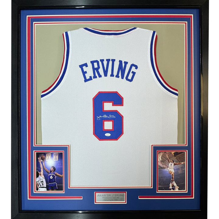 Framed Signed Julius Erving Dr. J 35x39 Philly White Jersey JSA COA