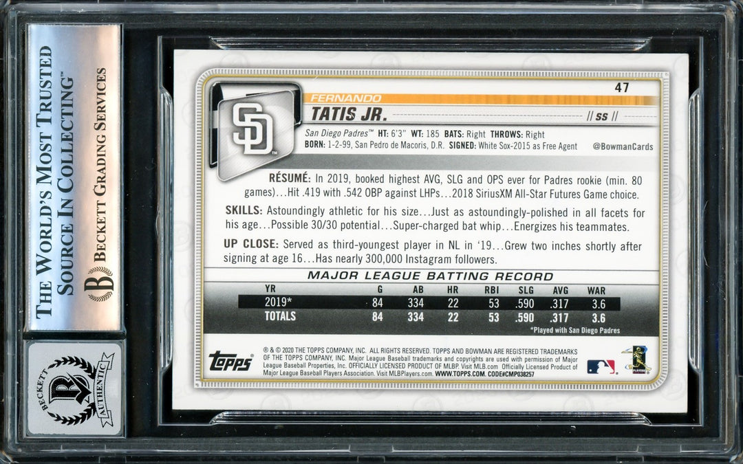 Fernando Tatis Jr. Signed 2020 Bowman Card 47 Padres Auto GM 10 Beckett