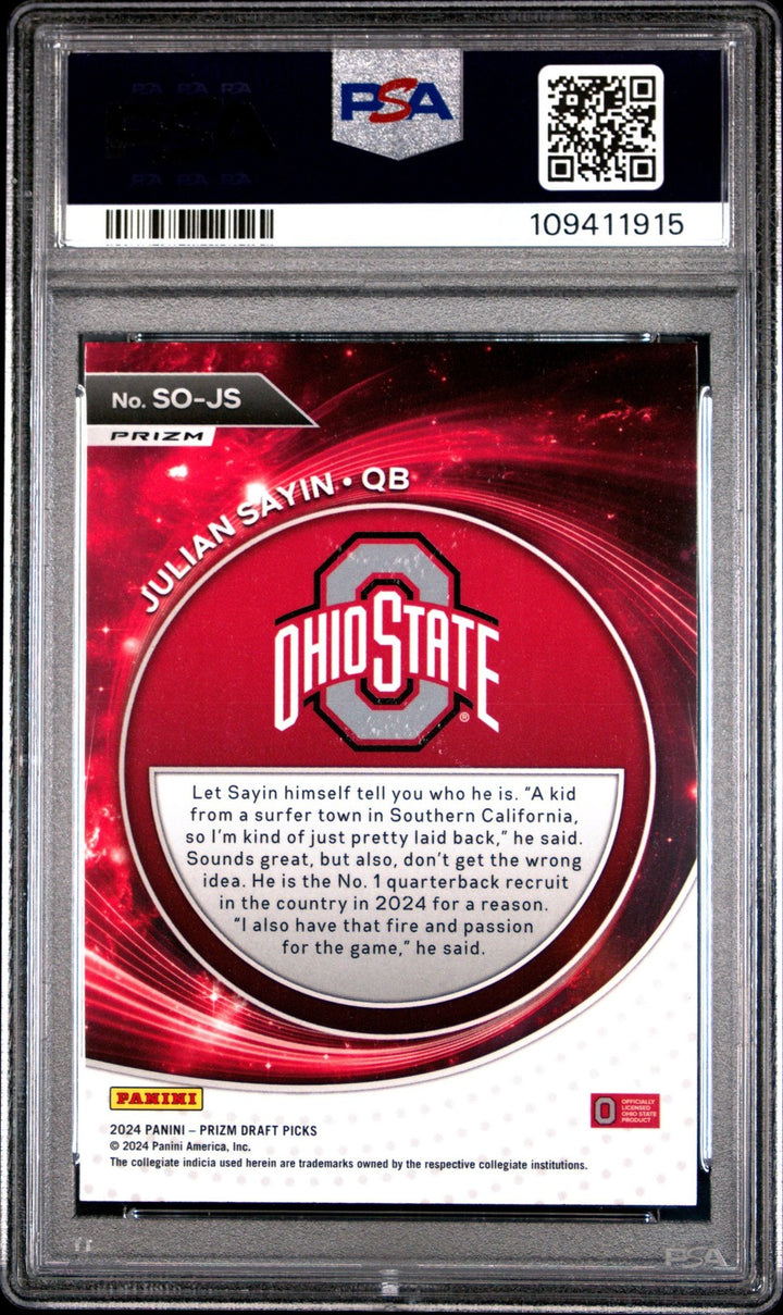 Graded 2024 Panini Prizm DP Julian Sayin #SOJS Red Ice Rookie Card PSA 10