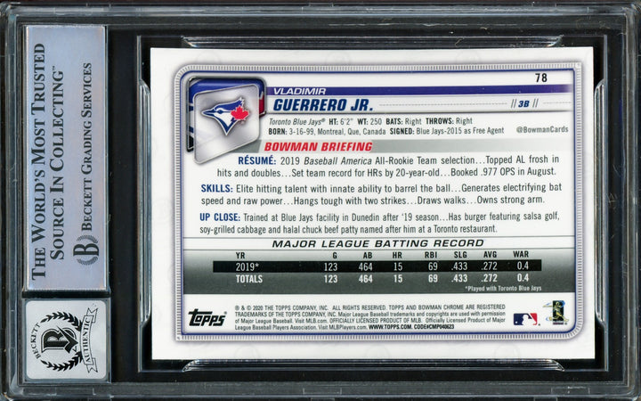 Vladimir Guerrero Jr. Autographed 2020 Bowman Chrome Card Gem 10 Auto Beckett
