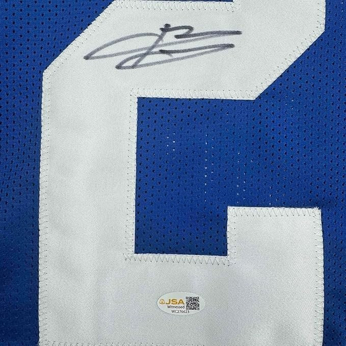 Framed Autographed/Signed Brandon Jacobs 35x39 New York Blue Jersey BAS COA