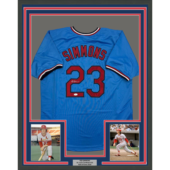 Framed Autographed/Signed Ted Simmons 35x39 St. Louis Blue Jersey JSA COA