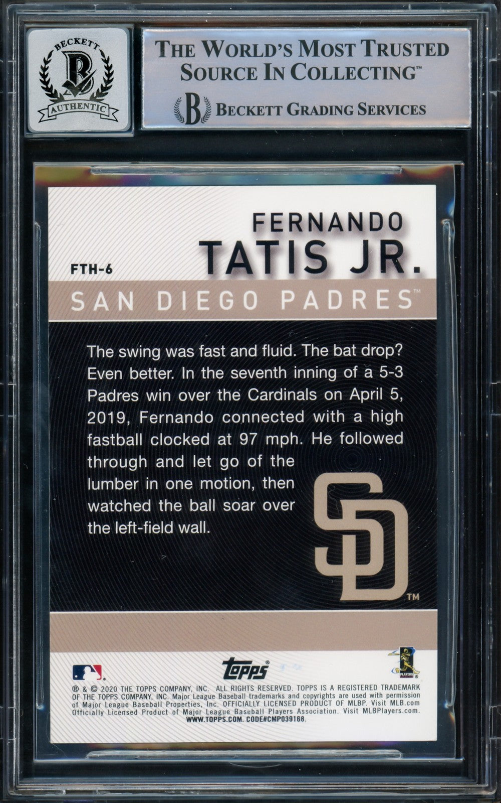 Fernando Tatis Jr. Auto Signed 2020 Topps Card FTH-6 Padres Auto GM 10 Beckett