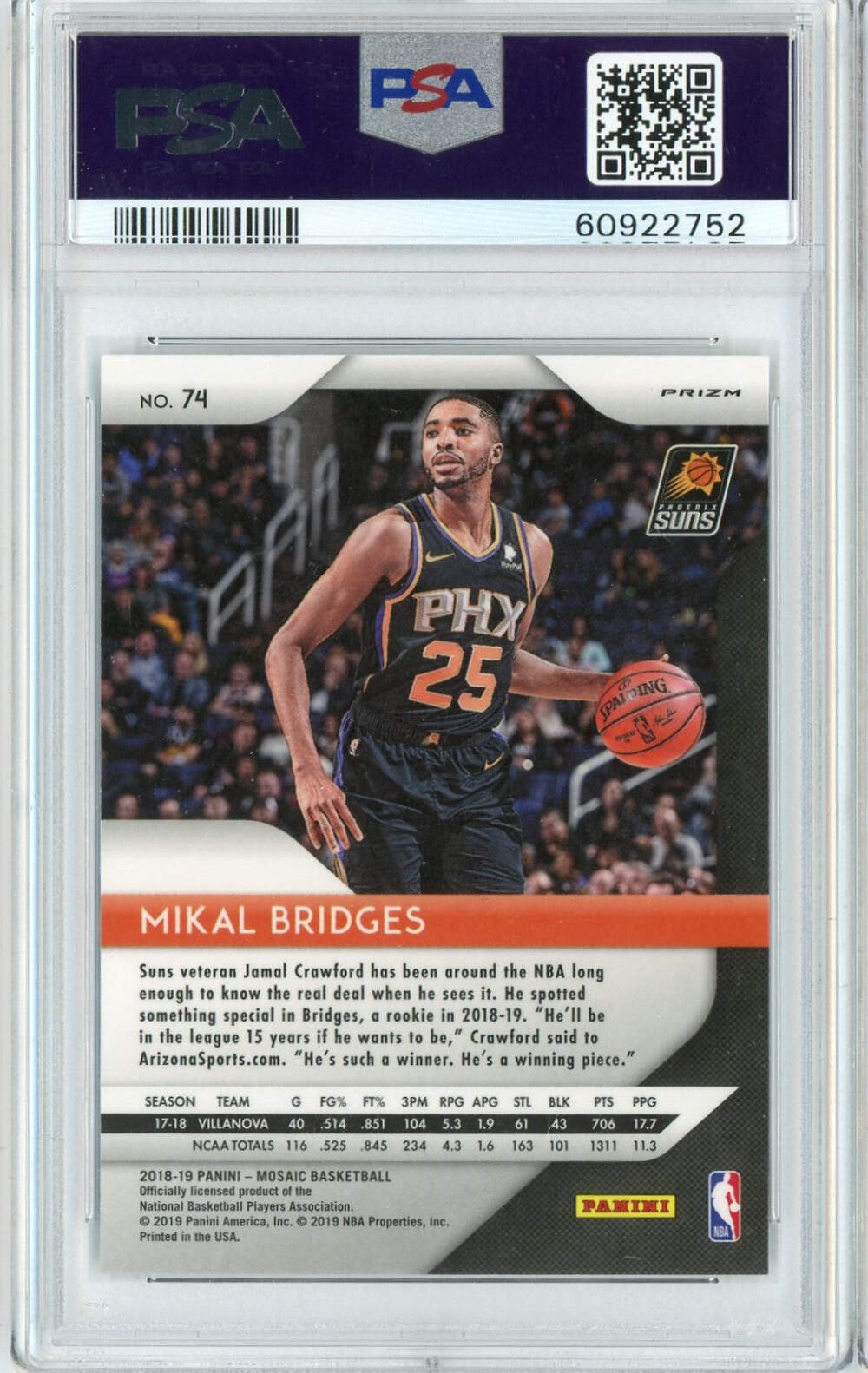 Graded 2018 Panini Prizm Mikal Bridges #74 Mosaic Rookie Basketball Card PSA 10