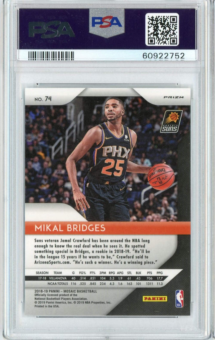 Graded 2018 Panini Prizm Mikal Bridges #74 Mosaic Rookie Basketball Card PSA 10