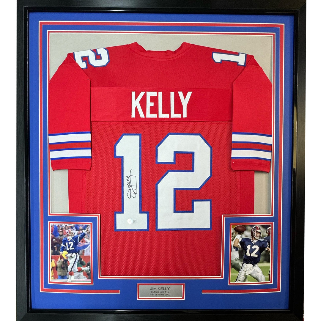 Framed Autographed/Signed Jim Kelly 35x39 Buffalo Bills Red Jersey JSA COA