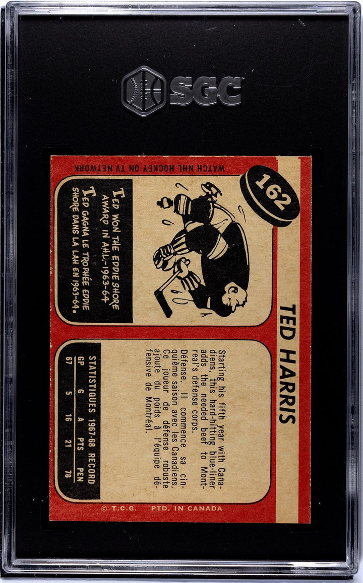 Ted Harris 1968-69 O-Pee-Chee NHL Card #162- SGC Graded 7.5 NM+ (Canadiens)