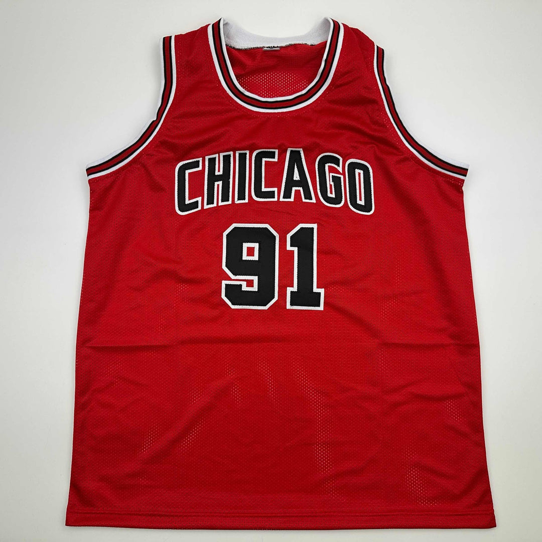 Autographed/Signed DENNIS RODMAN Chicago Red Basketball Jersey Beckett BAS COA