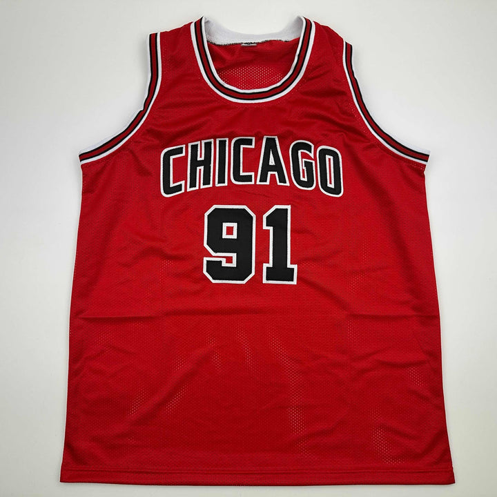 Autographed/Signed DENNIS RODMAN Chicago Red Basketball Jersey Beckett BAS COA
