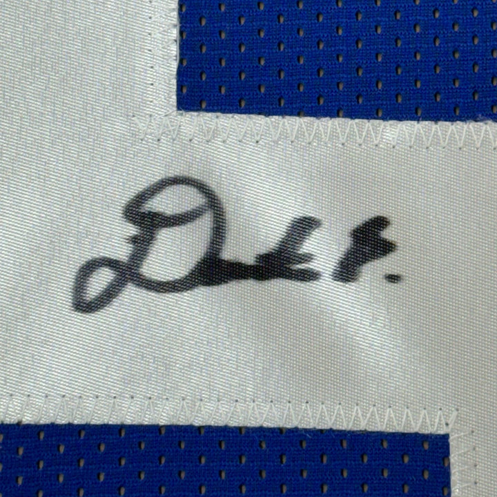 Framed Autographed/Signed Deonte Banks 33x42 New York Blue Jersey BAS COA