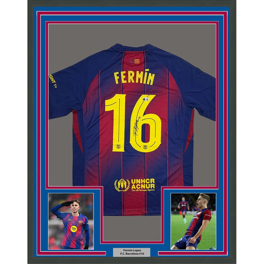 Framed Autographed/Signed Fermin Lopez 35x39 Red/Blue Soccer Jersey BAS COA
