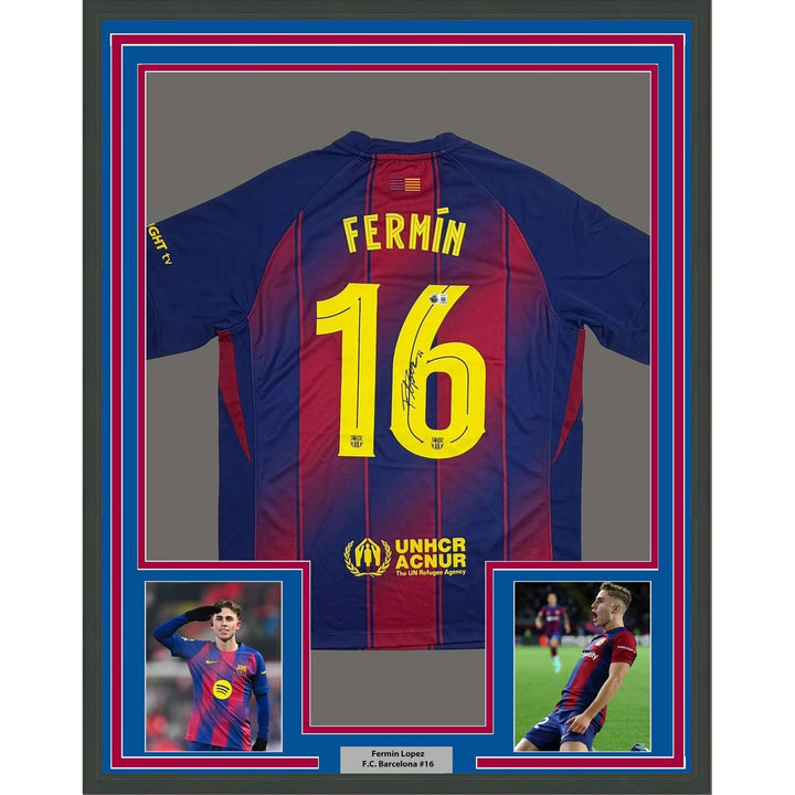 Framed Autographed/Signed Fermin Lopez 35x39 Red/Blue Soccer Jersey BAS COA