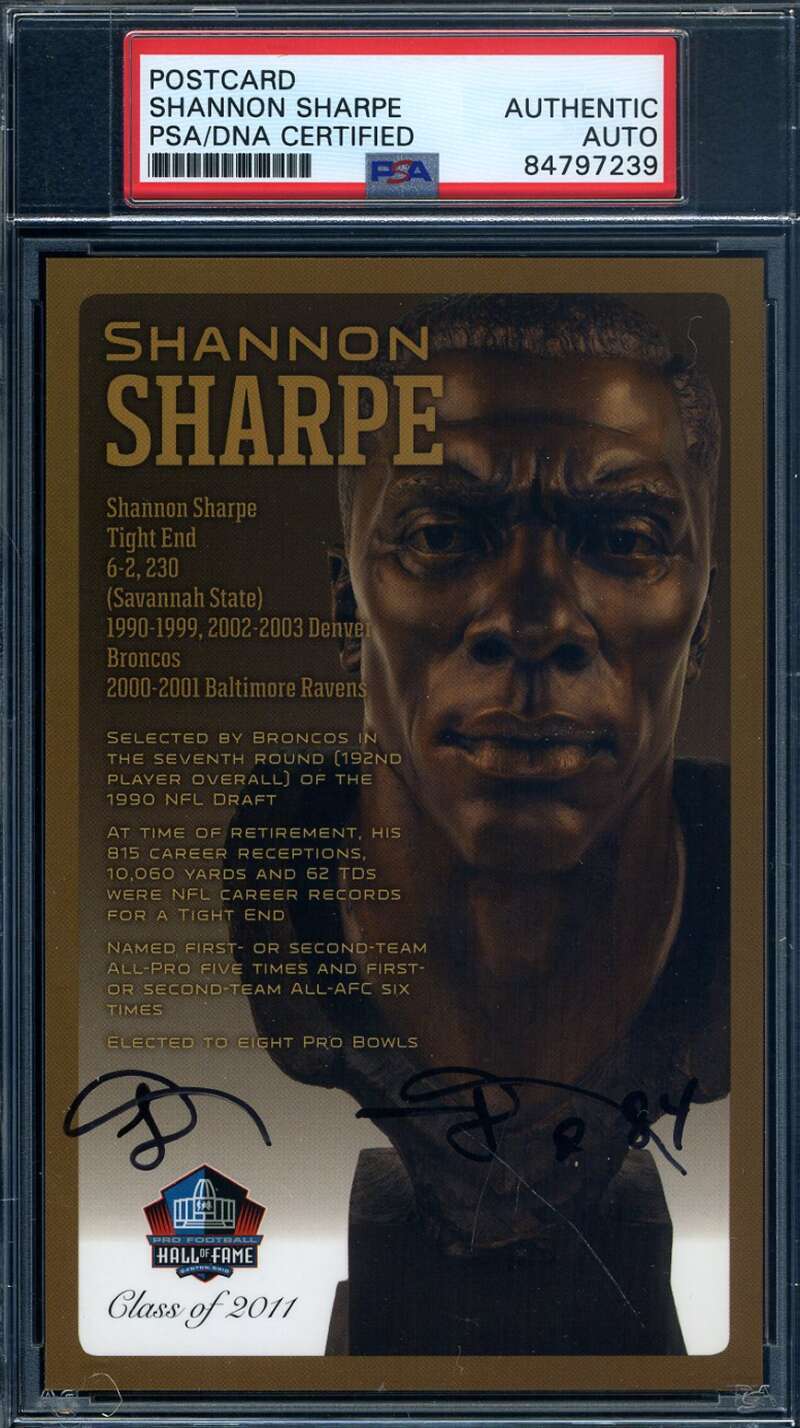 Shannon Sharpe PSA DNA Signed Hall of Fame Bronze Bust Postcard Autograph