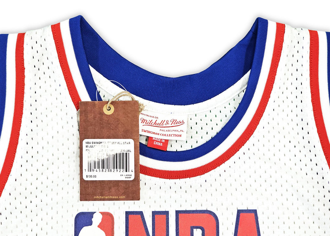 76ers Julius Dr J Erving Auto White Mitchell Ness 1985 Swingman AS Jersey 2X BAS