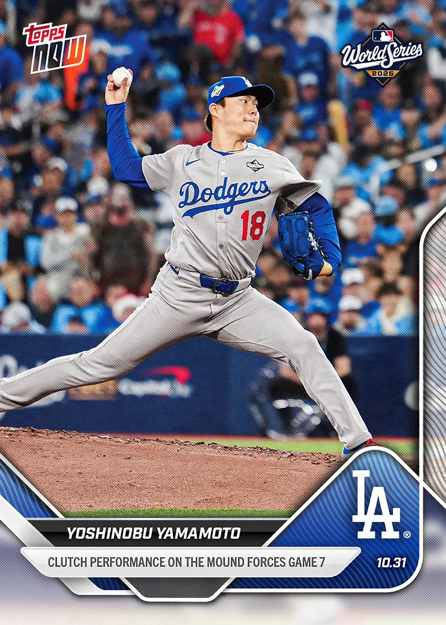 YOSHINOBU YAMAMOTO WORLD SERIES CLUTH PERFORMANCE FORCES GM 7 TOPPS NOW CARD 916