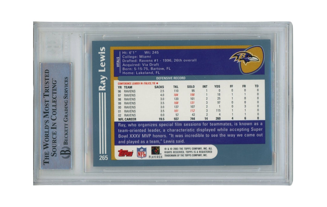 Ray Lewis Autographed/Signed 2003 Topps #265 Trading Card Slab Beckett 52665