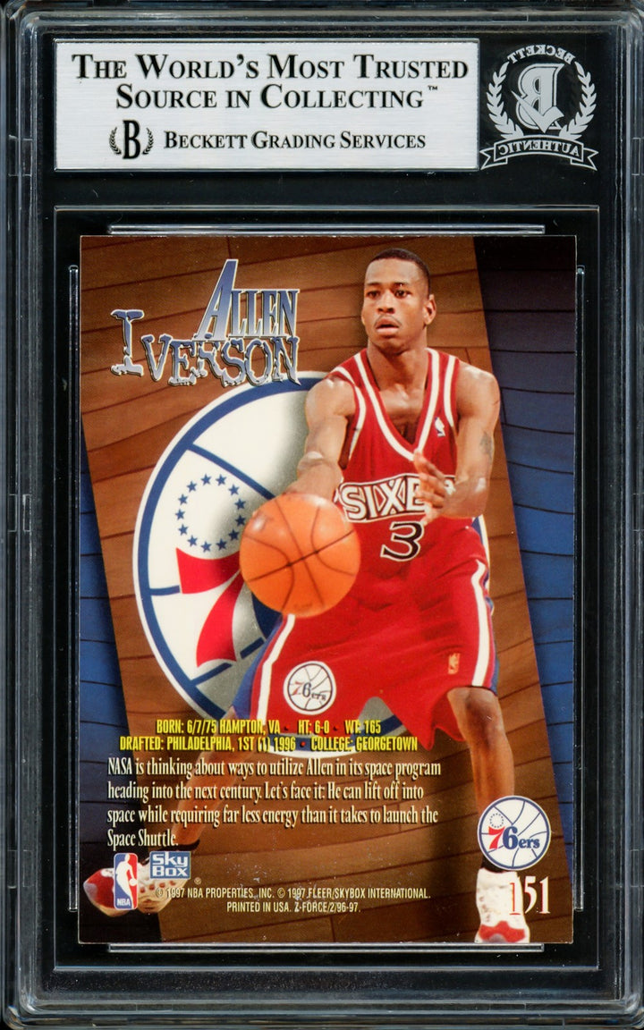 Allen Iverson Signed 1996-97 Skybox Z Force RC 151 Philadelphia 76ers Beckett
