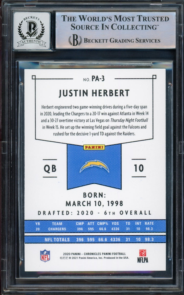 Justin Herbert Auto 2020 Chronicles Panini Green Parallel RC PA-3 Sig 10 Beckett