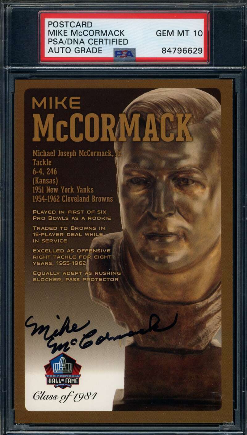 Mike McCormack Gem Mint 10 PSA DNA Signed HOF Bronze Bust Postcard Autograph