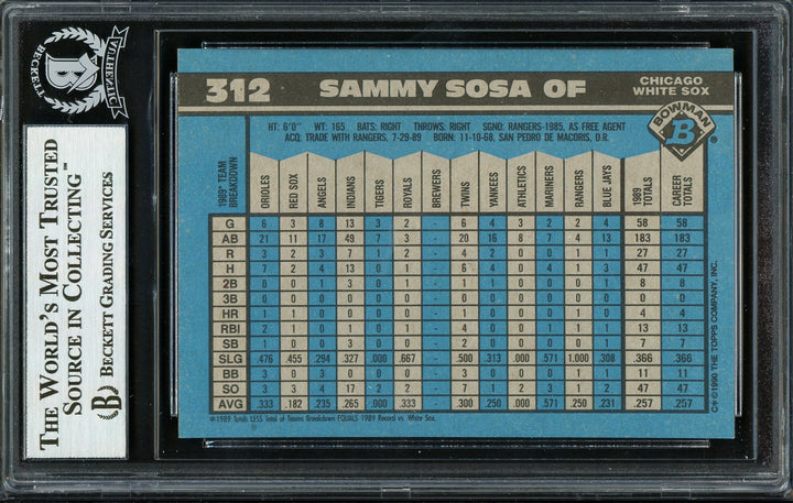 Sammy Sosa Signed 1990 Bowman Rookie Card #312 Chicago White Sox Beckett BAS