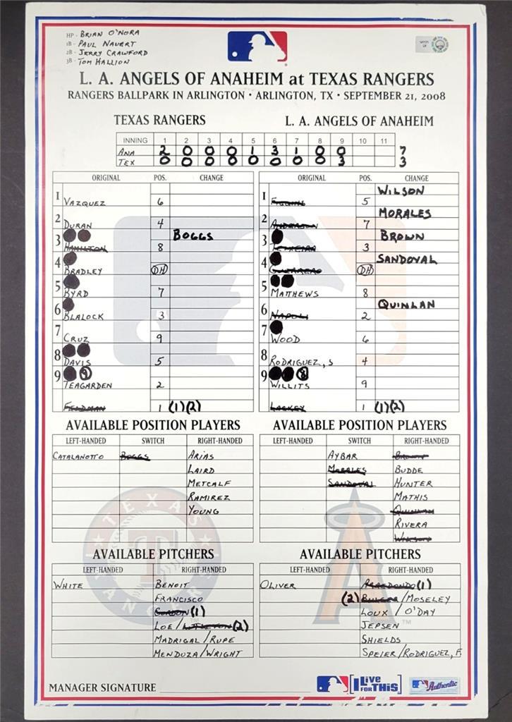 Angels @ Rangers 9/21/2008 Game Used Lineup Card Teixeira Blalock HR ~ MLB Holo