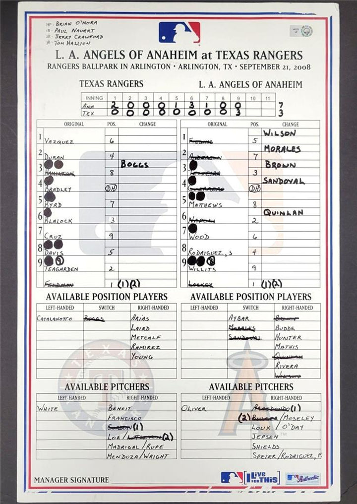 Angels @ Rangers 9/21/2008 Game Used Lineup Card Teixeira Blalock HR ~ MLB Holo