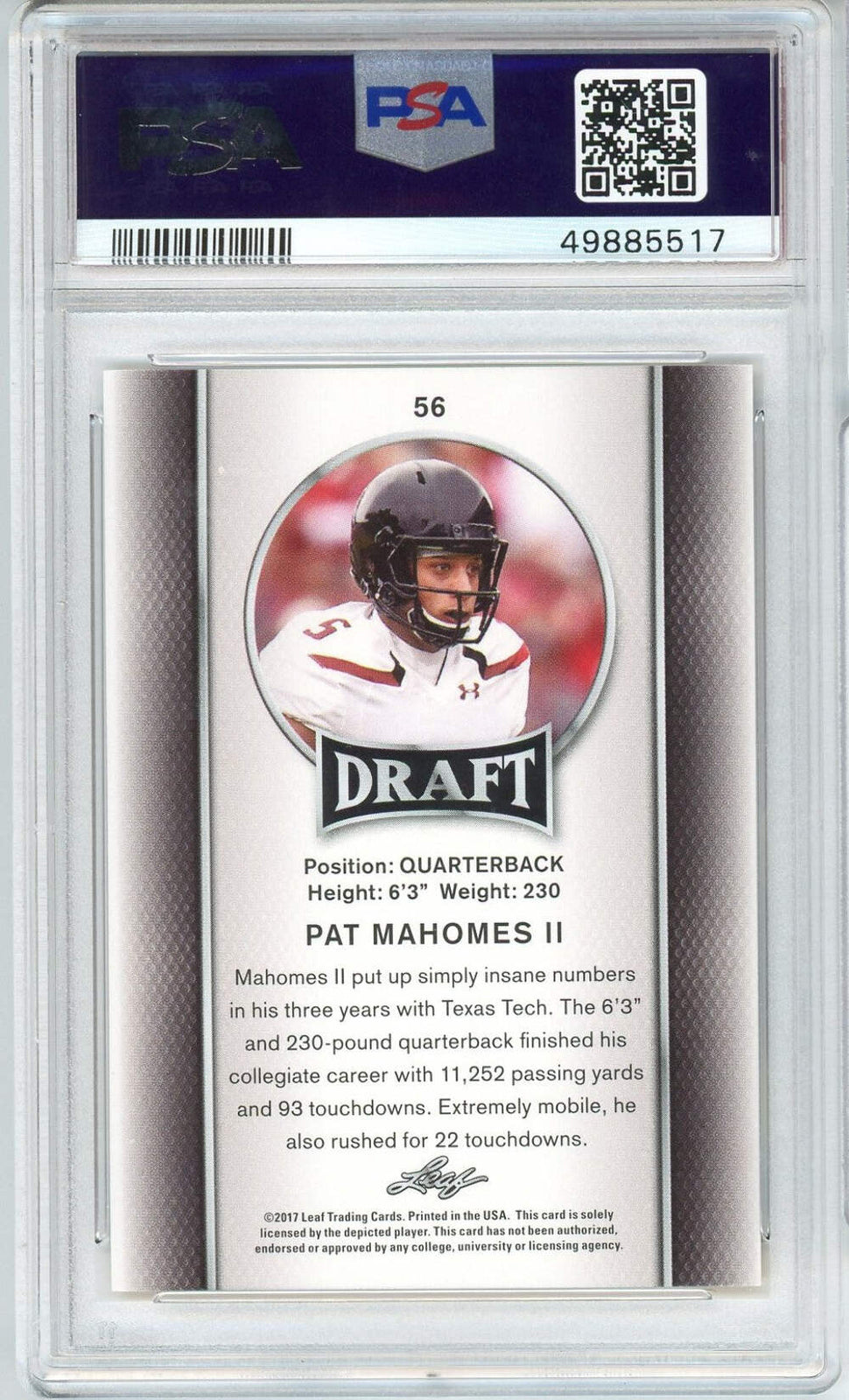 Graded 2017 Leaf Draft Patrick Mahomes II Gold #56 Rookie Football Card PSA 10