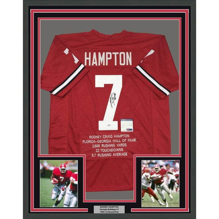 Framed Autographed/Signed Rodney Hampton 35x39 Georgia Red Stat Jersey PSA COA