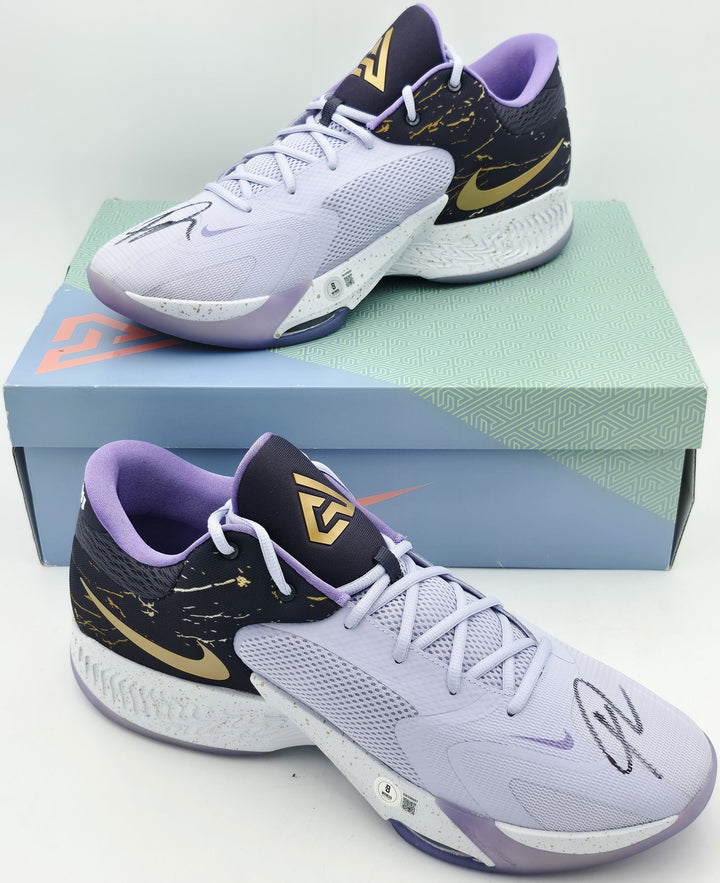 Giannis Signed 2022 PE Promo Nike Zoom Freak 4 Royale Shoes Size 17 BAS Witness