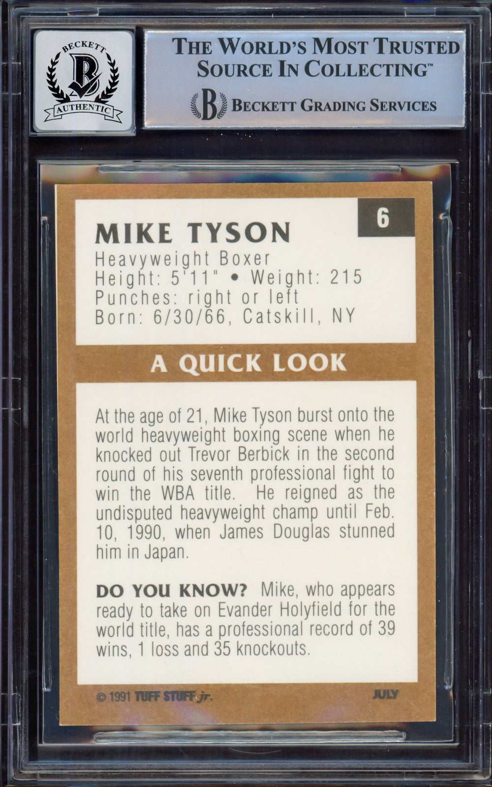Mike Tyson Auto 1991 Tuff Stuff Jr. Magazine Card 6 Auto GM 10 Beckett #15498035