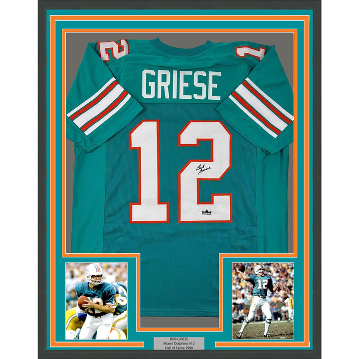 Framed Facsimile Autographed Bob Griese 35x39 Miami Teal Reprint Jersey