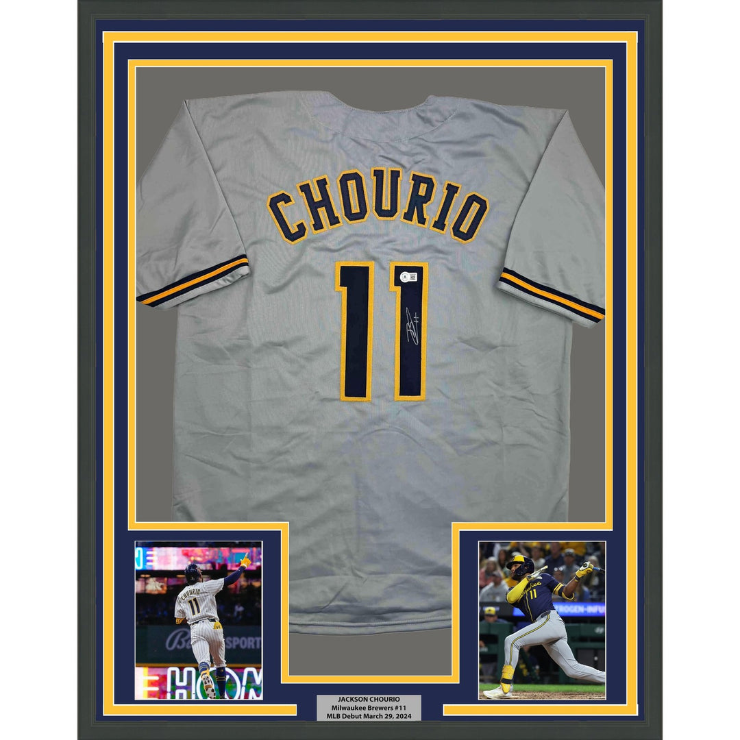 Framed Autographed/Signed Jackson Chourio 35x39 Milwaukee Grey Jersey COA