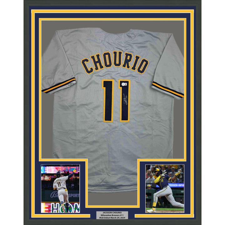Framed Autographed/Signed Jackson Chourio 35x39 Milwaukee Grey Jersey COA