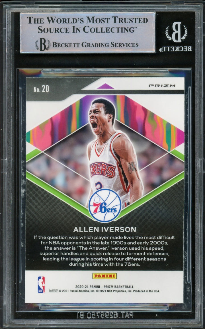 Allen Iverson Signed 2020-21 Panini Fearless Prizms Silver Card 20 Beckett Wit