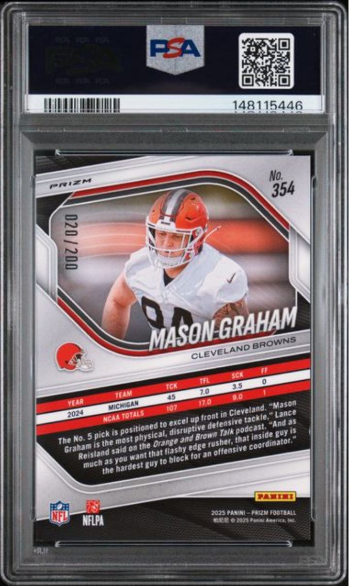 Graded 2025 Prizm Mason Graham #354 Hyper Prizm /200 RC Football Card PSA 10