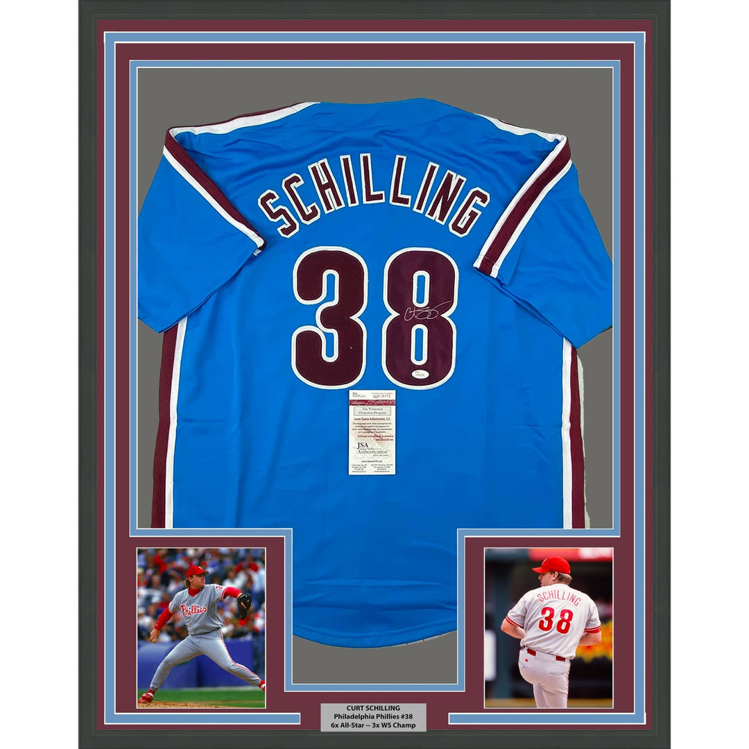 Framed Autographed/Signed Curt Schilling 33x42 Retro Blue Jersey JSA COA