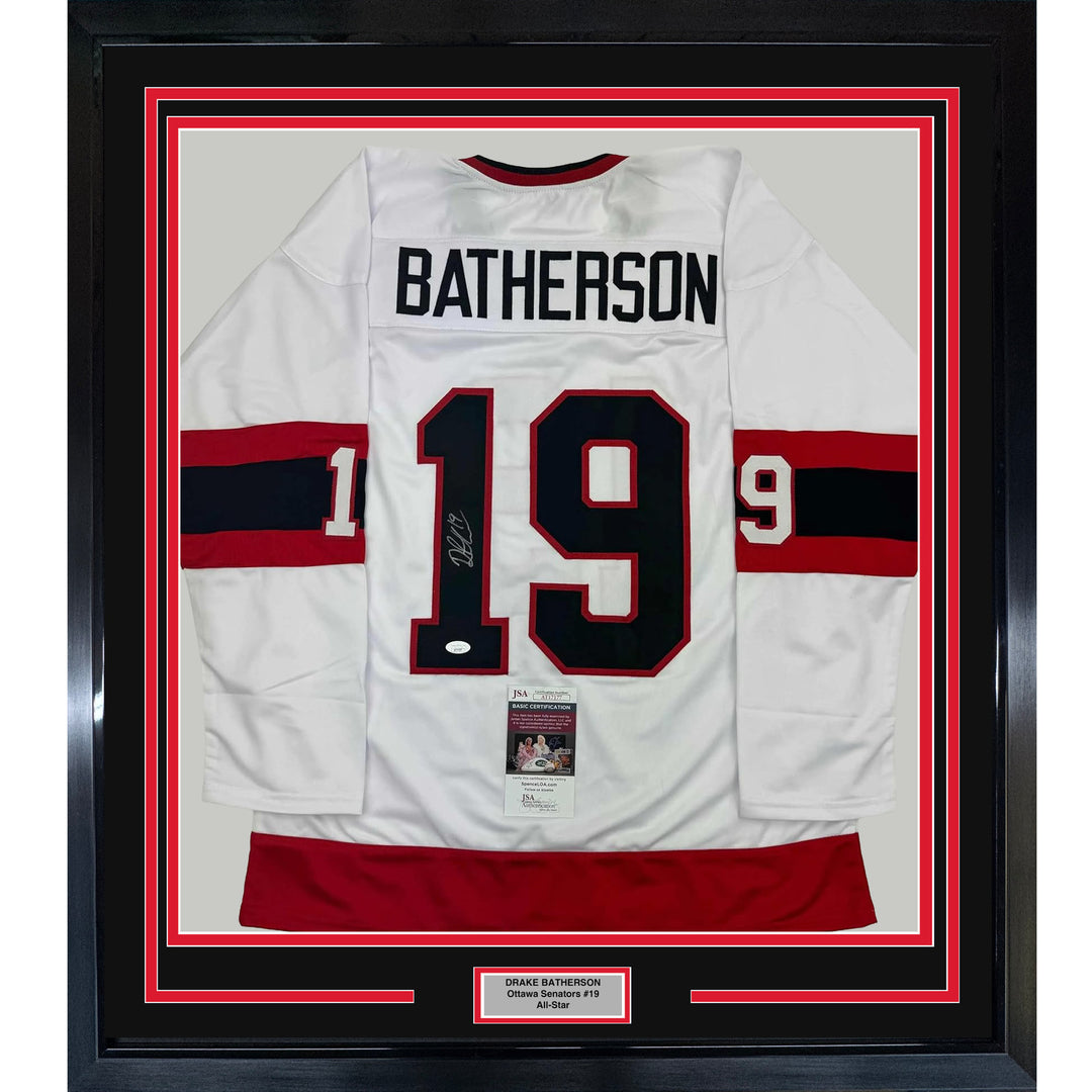 Framed Autographed/Signed Drake Batherson 35x39 Ottawa White Jersey JSA COA