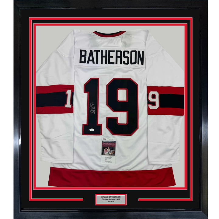 Framed Autographed/Signed Drake Batherson 35x39 Ottawa White Jersey JSA COA